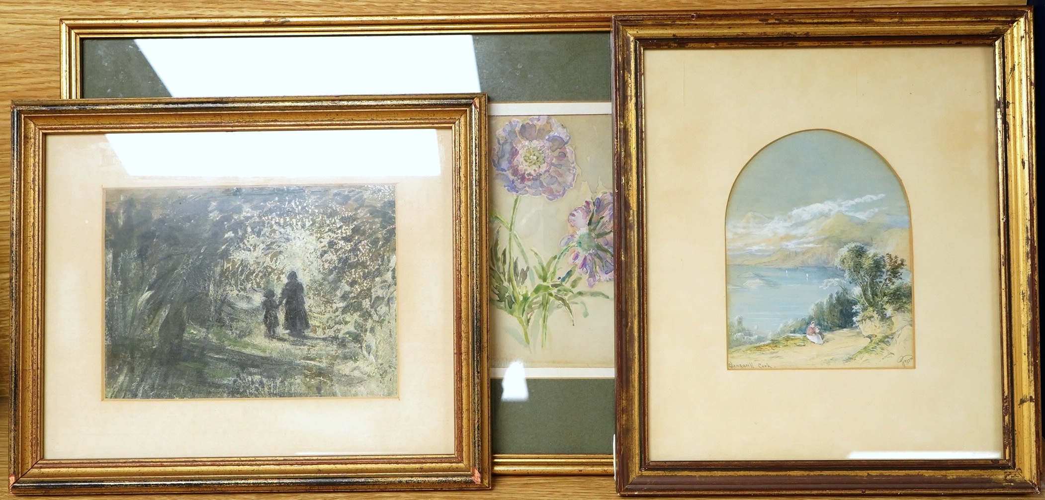 R. E. Cowderoy, Botanical studies, set of three watercolours framed as one, together with a 19th century watercolour of Glengarill, Cork and an oil painting by Sue Broadley, largest 12.5 x 17cm